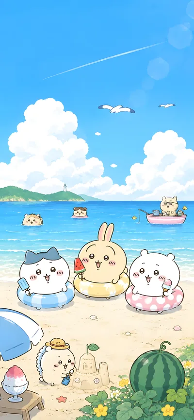 치이카와, 하치와레, 우사기, 모몽가의 여름 해변 스마트폰 배경화면