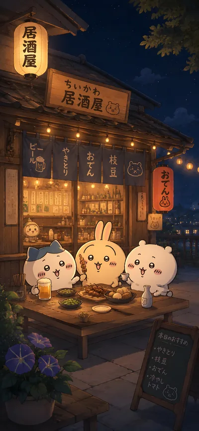 치이카와, 하치와레, 우사기가 이자카야에서 야키토리를 먹는 스마트폰 배경화면