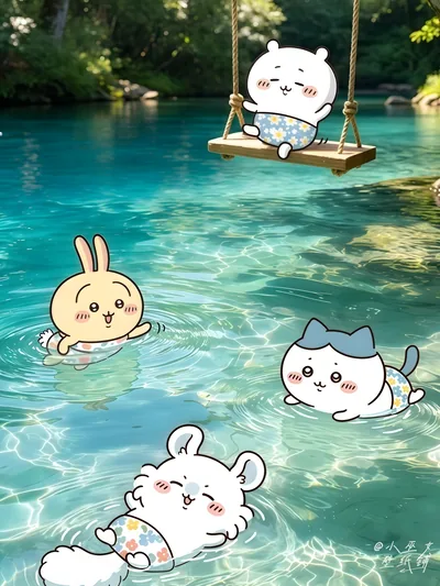 치이카와, 하치와레, 우사기, 모몽가가 시냇가에서 노는 스마트폰 고화질 배경화면