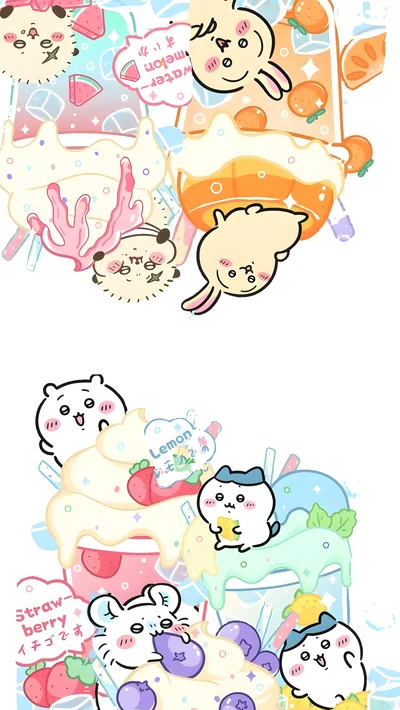 치이카와, 하치와레, 우사기, 모몽가의 귀여운 디저트 테마 스마트폰 배경화면