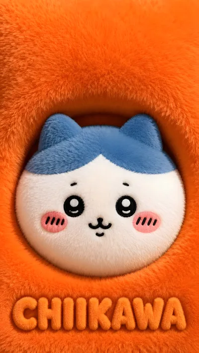 푹신한 오렌지색 털 배경 속 귀여운 하치와레 캐릭터 스마트폰 배경화면