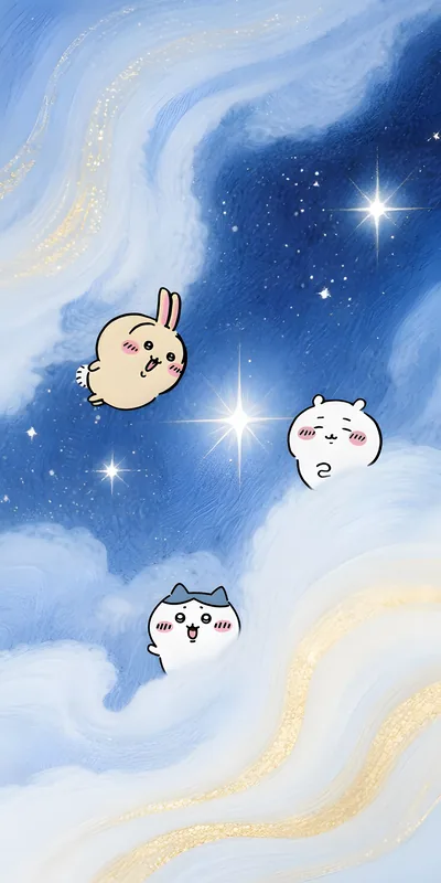 별빛 하늘을 떠도는 치이카와, 하치와레, 우사기 스마트폰 배경화면