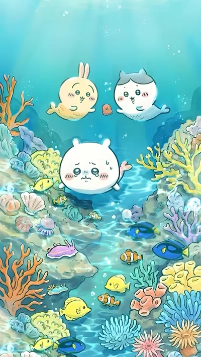 인어로 변신한 치이카와, 하치와레, 우사기가 바닷속을 헤엄치는 귀여운 스마트폰 배경화면