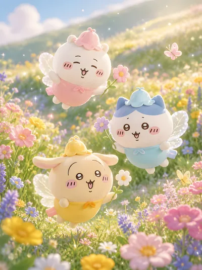 요정으로 변신해 꽃밭을 날아다니는 치이카와, 하치와레, 우사기 스마트폰 배경화면