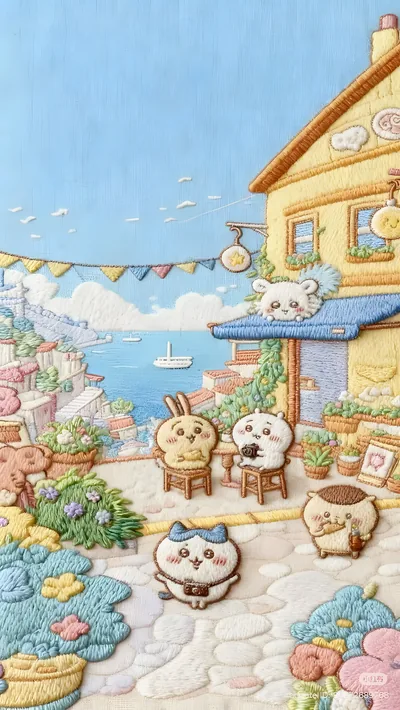 치이카와, 하치와레, 우사기, 모몽가의 자수 스타일 바닷가 스마트폰 배경화면