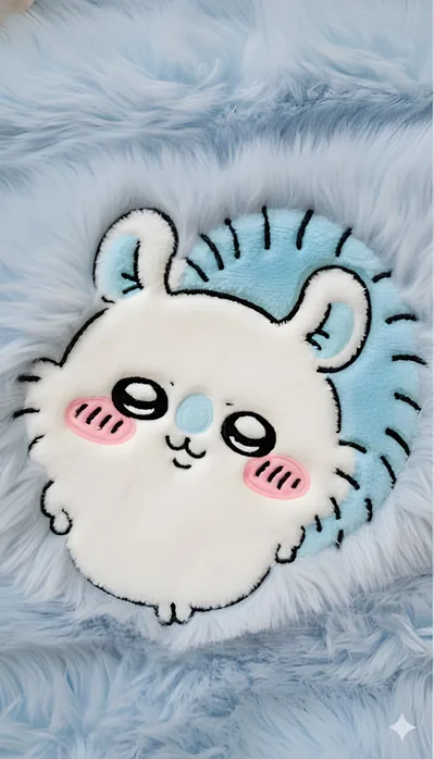 Cute fluffy Momonga plush on soft blue fur background for Phone Wallpaper