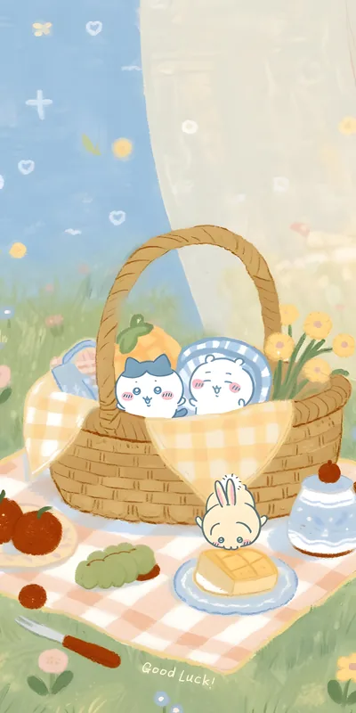 치이카와, 하치와레, 우사기의 귀여운 피크닉 감성 스마트폰 배경화면
