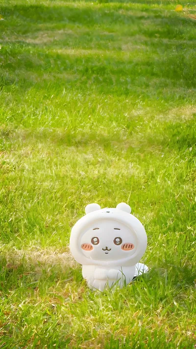 Cute Chiikawa wearing a hood sitting on green grass for Phone 4K Image