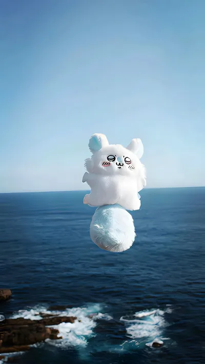 푸른 바다와 하늘을 배경으로 공중에 떠 있는 귀여운 모몽가 스마트폰 배경화면