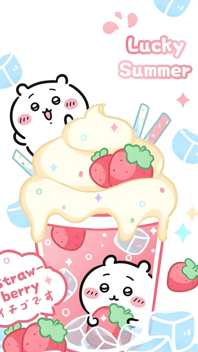 Cute Chiikawa with summer strawberry ice cream dessert for Phone Background