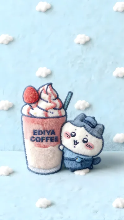 Cute plush Hachiware with EDIYA COFFEE strawberry drink for Phone Background