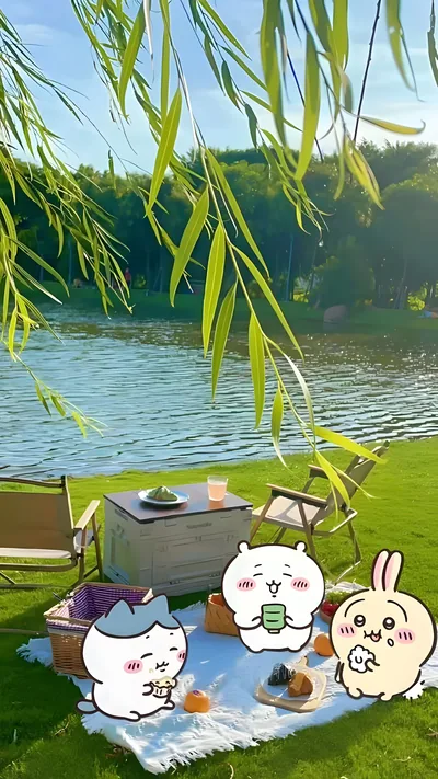 호숫가에서 피크닉을 즐기는 치이카와, 하치와레, 우사기 귀여운 스마트폰 배경화면