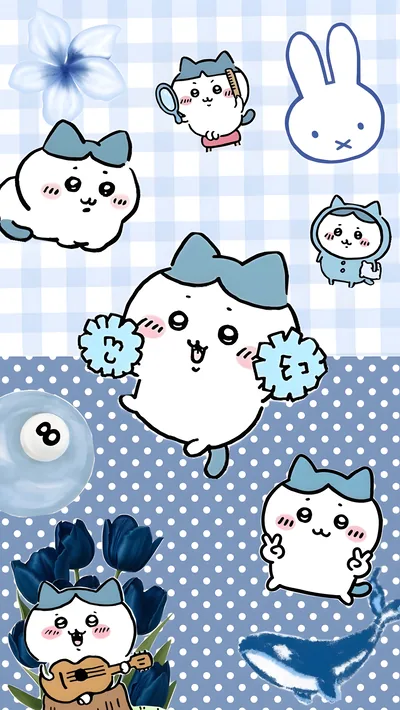 Cute Hachiware cheering and playing guitar collage for Phone Background.