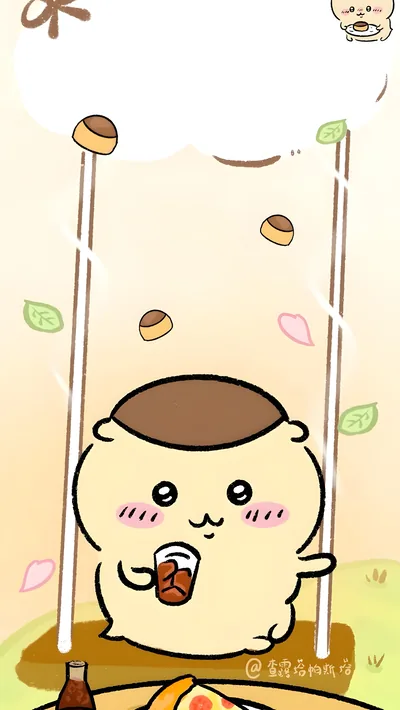 Chiikawa character on a swing drinking coffee for Phone Background