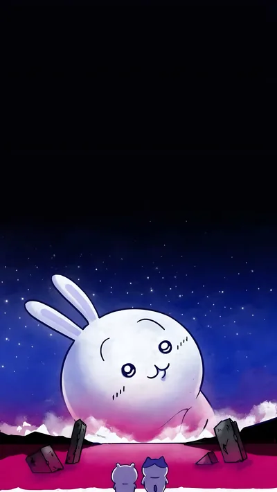 Giant Usagi with Chiikawa and Hachiware under starry sky for Phone Background
