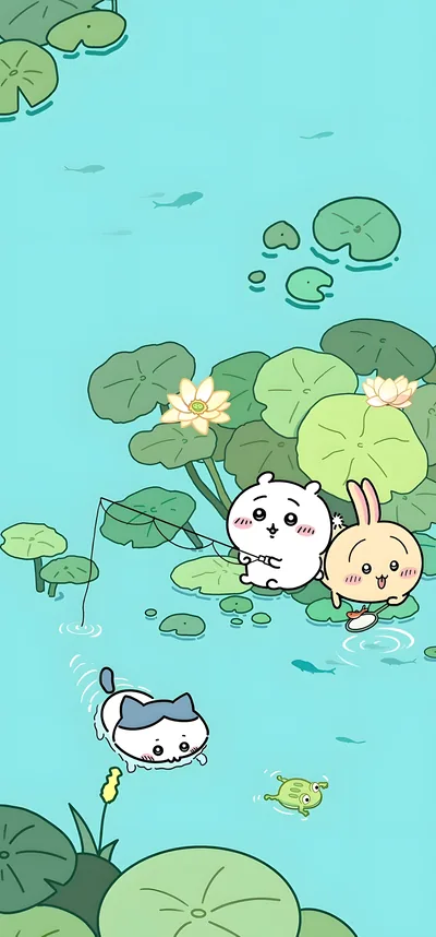 연못에서 낚시와 수영을 즐기는 치이카와, 우사기, 하치와레 스마트폰 고화질 배경화면