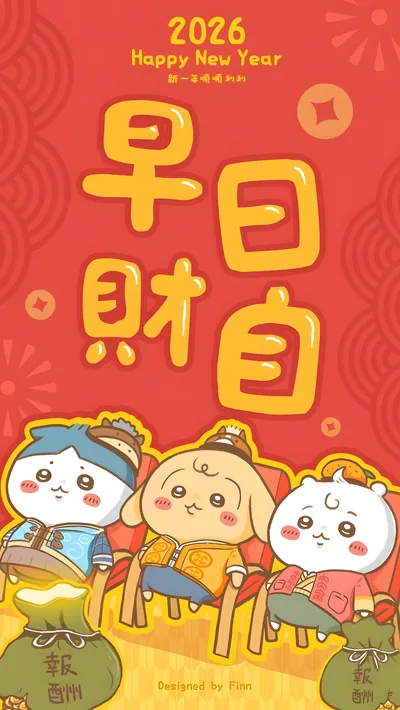 치이카와와 하치와레가 새해 의상을 입은 2026년 새해 축하 스마트폰 배경화면