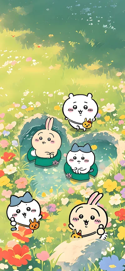 치이카와, 하치와레, 우사기가 꽃밭과 하트 연못에서 노는 귀여운 스마트폰 배경화면