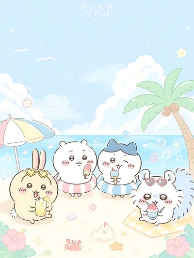 치이카와, 하치와레, 우사기, 모몽가의 여름 해변 스마트폰 배경화면