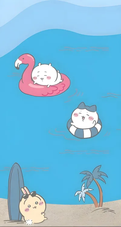 바다에서 수영하는 치이카와, 하치와레와 해변의 우사기 귀여운 스마트폰 배경화면