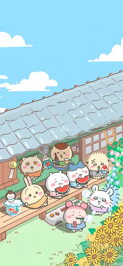 치이카와, 하치와레, 우사기, 모몽가가 툇마루에서 수박을 먹는 여름 스마트폰 배경화면