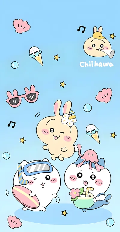 여름 바다에서 서핑을 즐기는 치이카와, 하치와레, 우사기 귀여운 스마트폰 배경화면