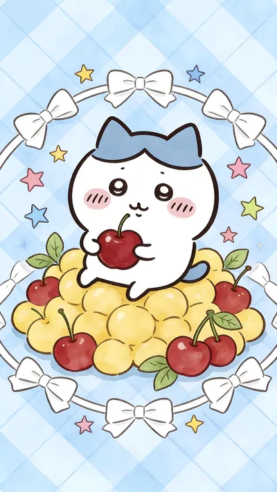 체리를 들고 있는 귀여운 하치와레와 푸른 체크무늬 스마트폰 고화질 배경화면.
