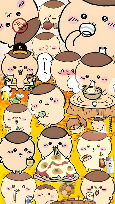 맛있는 음식과 맥주를 즐기는 귀여운 치이카와 캐릭터 스마트폰 배경화면
