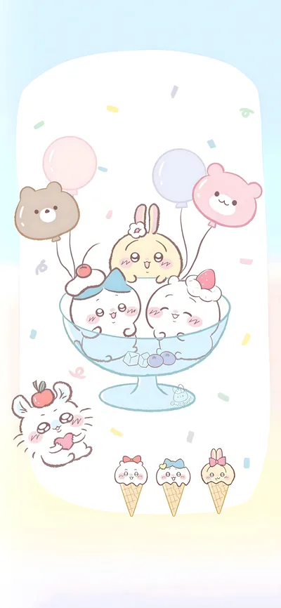 디저트 컵에 담긴 치이카와, 하치와레, 우사기, 모몽가 캐릭터 스마트폰 배경화면