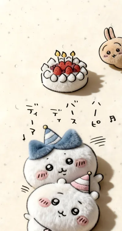 생일 케이크와 파티 모자를 쓴 치이카와, 하치와레, 우사기 스마트폰 배경화면