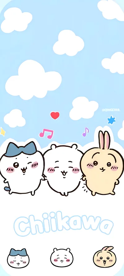 치이카와, 하치와레, 우사기가 파란 하늘 아래서 손을 잡고 있는 스마트폰 배경화면
