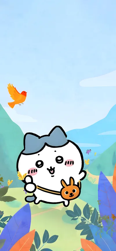 토끼 가방을 메고 푸른 들판에 서 있는 귀여운 하치와레 스마트폰 고화질 배경화면.