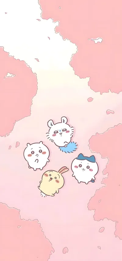 치이카와, 하치와레, 우사기, 모몽가가 핑크 벚꽃 배경을 올려다보는 스마트폰 고화질 배경화면
