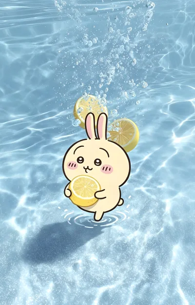 레몬을 들고 맑은 물속에 있는 귀여운 치이카와 우사기 스마트폰 배경화면