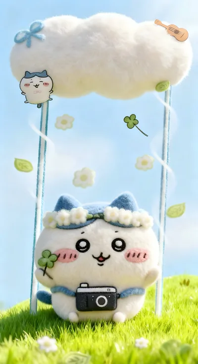 카메라와 네잎클로버를 들고 있는 귀여운 하치와레 스마트폰 배경화면