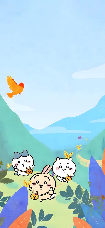 치이카와, 하치와레, 우사기가 푸른 하늘과 초원 속에서 하이킹하는 스마트폰 배경화면