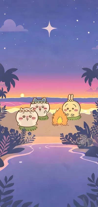 치이카와, 하치와레, 우사기가 해변 모닥불가에 모여 있는 귀여운 스마트폰 배경화면