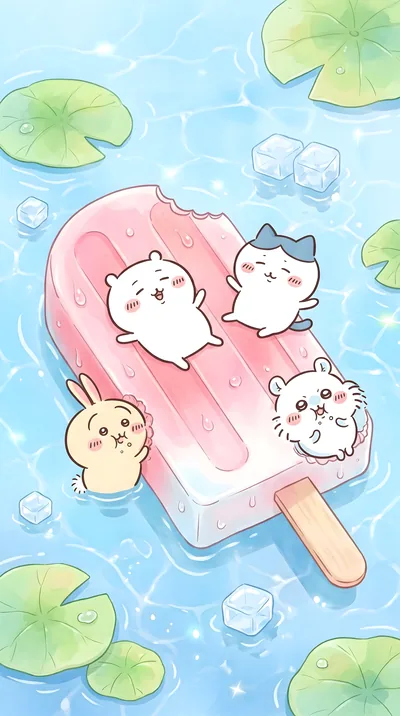 치이카와, 하치와레, 우사기, 모몽가가 핑크색 아이스크림 위에서 노는 스마트폰 배경화면
