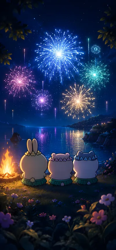치이카와, 하치와레, 우사기가 밤바다 불꽃놀이를 감상하는 스마트폰 고화질 배경화면