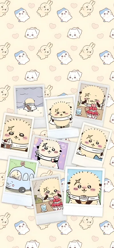 Cute Rakko polaroid photos with Chiikawa background for Phone Wallpaper