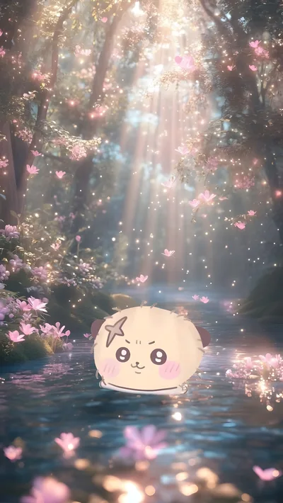 Rakko floating in a magical glowing forest river for Phone 4K Image