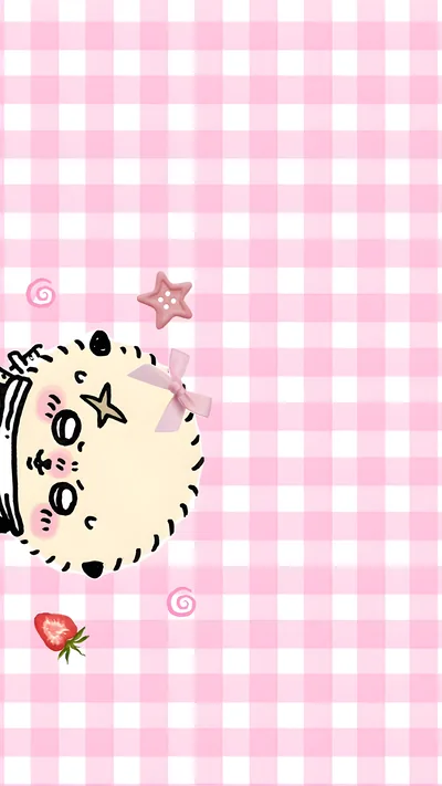 Cute Furuhonya on pink gingham plaid pattern for Phone Background