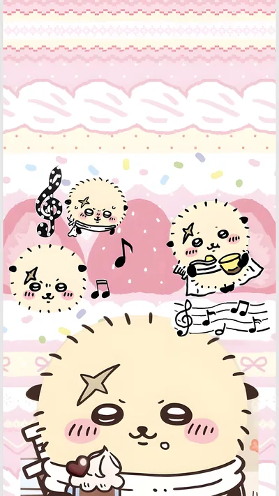 Cute Rakko with musical notes on pink cake background for Phone Wallpaper