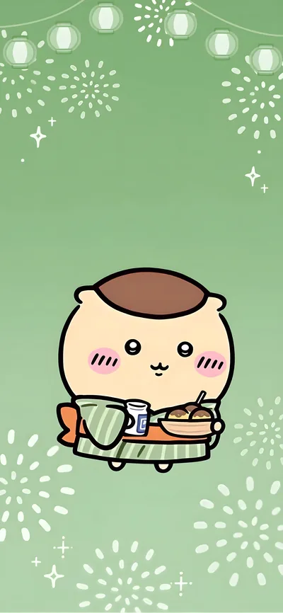 Kurimanju in a green yukata with festival fireworks for Phone Wallpaper