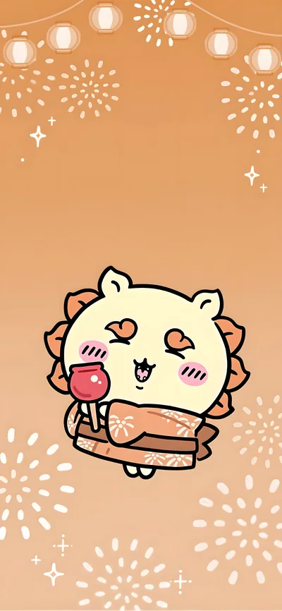 Cute Shisa wearing a yukata with candy apple at festival for Phone Background