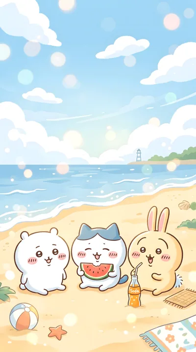 吉伊卡哇、小八與烏薩奇在藍色海灘上吃西瓜喝汽水的可愛夏日手機高畫質桌布
