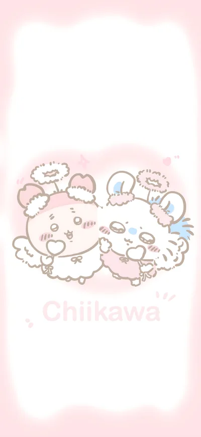 Cute Chiikawa and Momonga dressed as angels with hearts for Phone Background