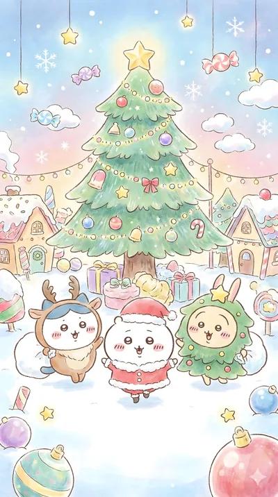 吉伊卡哇、小八與烏薩奇在聖誕樹前快樂慶祝冬日雪景的可愛手機高畫質桌布