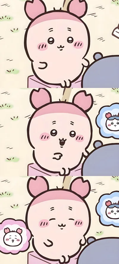 Cute Furuhonya with pink crab ears in three panels for Phone Wallpaper