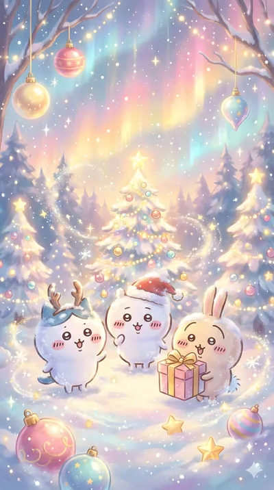 吉伊卡哇、小八與烏薩奇在夢幻北極光與聖誕樹雪景中慶祝聖誕的手機高畫質桌布